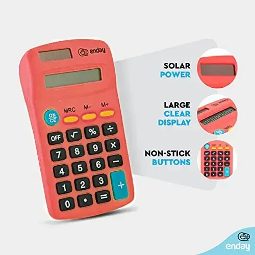 Calculator Red, Basic Small Solar and Battery Operated, Large Display Four Function, Auto Powered Handheld Calculator School and Kids Available in Green, Blue, Purple, Grey, Pink, 1 PK – by Enday - ENDAY (1)