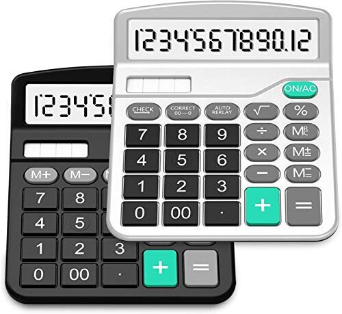 Calculator, Splaks 2 Pack Standard Functional Desktop Calculators Solar and AA Battery Dual Power Electronic Office Calculators with 12-Digit Large Display (1 Basic Black&1 Updated Silver) - SPLAKS