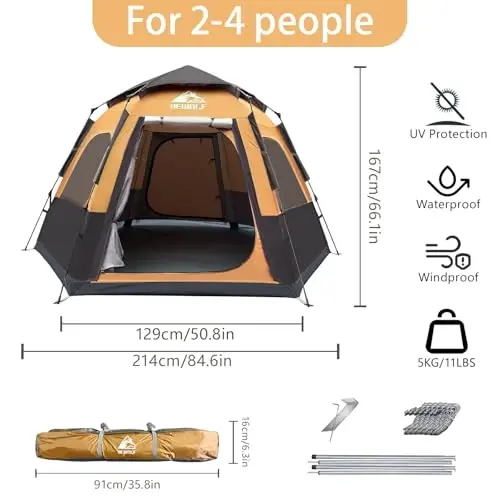 Hewolf 2/3/4 Person Camping Tent - Instant Pop Up Waterproof 2 Doors Tent with Easy Setup | 3-Season Hexagonal Dome Design for Family, Hiking & Traveling (Yellow) - 5