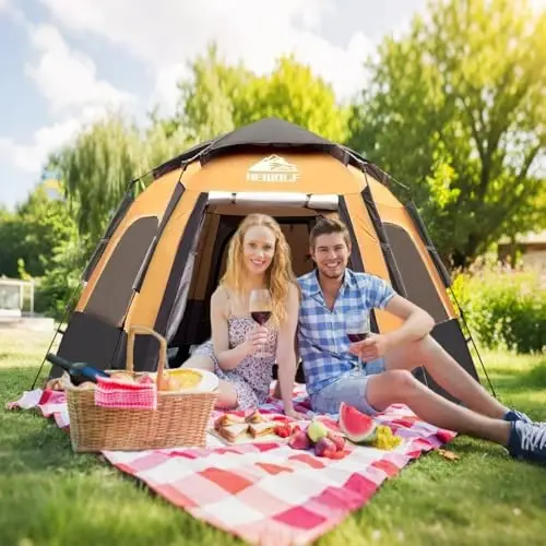 Hewolf 2/3/4 Person Camping Tent - Instant Pop Up Waterproof 2 Doors Tent with Easy Setup | 3-Season Hexagonal Dome Design for Family, Hiking & Traveling (Yellow) - 6