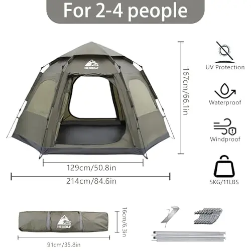 Hewolf 2/3/4 Person Camping Tent - Instant Pop Up Waterproof 2 Doors Tent with Easy Setup | 3-Season Hexagonal Dome Design for Family, Hiking & Traveling - 3