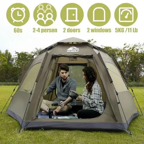 Hewolf 2/3/4 Person Camping Tent - Instant Pop Up Waterproof 2 Doors Tent with Easy Setup | 3-Season Hexagonal Dome Design for Family, Hiking & Traveling - 6