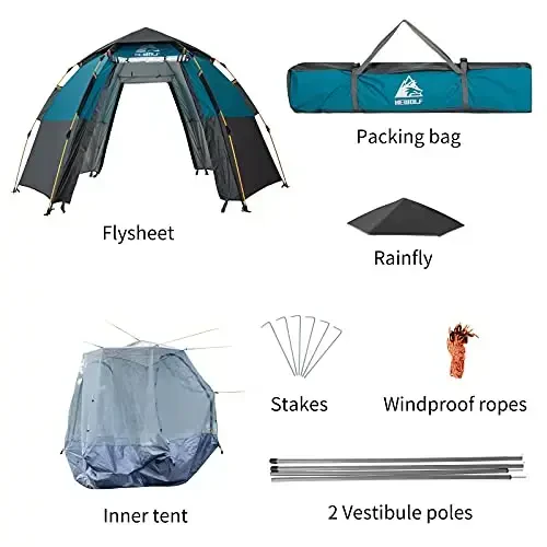 Hewolf 2/3/4 Person Camping Tent - Instant Pop Up Waterproof 2 Doors Tent with Easy Setup | 3-Season Hexagonal Dome Design for Family, Hiking & Traveling - 6