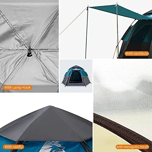 Hewolf 2/3/4 Person Camping Tent - Instant Pop Up Waterproof 2 Doors Tent with Easy Setup | 3-Season Hexagonal Dome Design for Family, Hiking & Traveling - 4