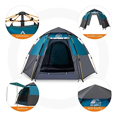 Hewolf 2/3/4 Person Camping Tent - Instant Pop Up Waterproof 2 Doors Tent with Easy Setup | 3-Season Hexagonal Dome Design for Family, Hiking & Traveling - 5