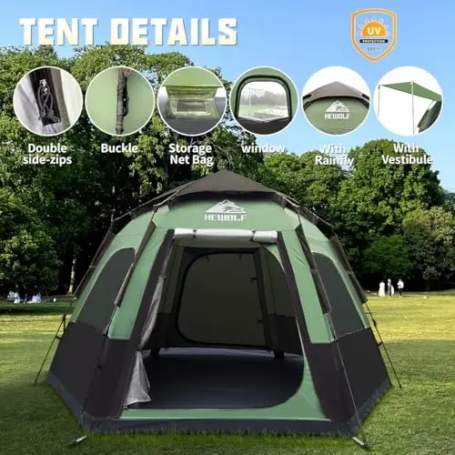 Hewolf 2/3/4 Person Camping Tent - Instant Pop Up Waterproof 2 Doors Tent with Easy Setup | 3-Season Hexagonal Dome Design for Family, Hiking & Traveling - 3