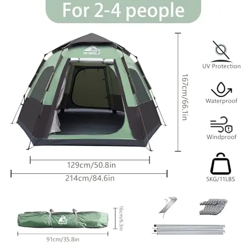 Hewolf 2/3/4 Person Camping Tent - Instant Pop Up Waterproof 2 Doors Tent with Easy Setup | 3-Season Hexagonal Dome Design for Family, Hiking & Traveling - 4