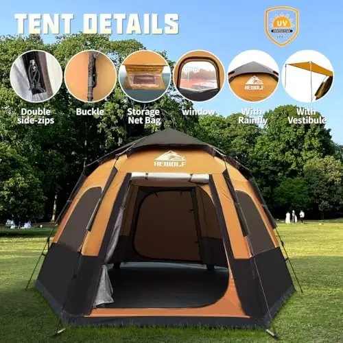 Hewolf 2/3/4 Person Camping Tent - Instant Pop Up Waterproof 2 Doors Tent with Easy Setup | 3-Season Hexagonal Dome Design for Family, Hiking & Traveling - 3