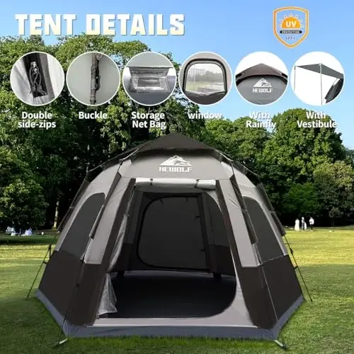 Hewolf 2/3/4 Person Camping Tent - Instant Pop Up Waterproof 2 Doors Tent with Easy Setup | 3-Season Hexagonal Dome Design for Family, Hiking & Traveling - 3