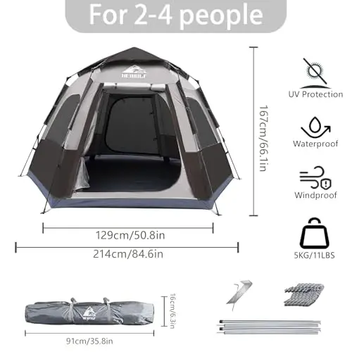 Hewolf 2/3/4 Person Camping Tent - Instant Pop Up Waterproof 2 Doors Tent with Easy Setup | 3-Season Hexagonal Dome Design for Family, Hiking & Traveling - 4