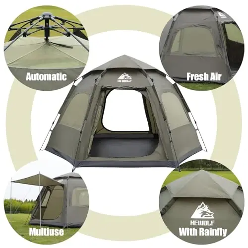 Hewolf 2/3/4 Person Camping Tent - Instant Pop Up Waterproof 2 Doors Tent with Easy Setup | 3-Season Hexagonal Dome Design for Family, Hiking & Traveling - 4
