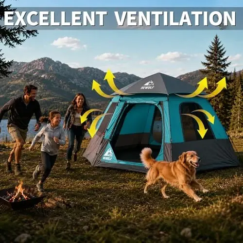 Hewolf 2/3/4 Person Camping Tent - Instant Pop Up Waterproof 2 Doors Tent with Easy Setup | 3-Season Hexagonal Dome Design for Family, Hiking & Traveling - 3