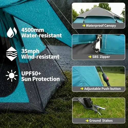 Hewolf 2/3/4 Person Camping Tent - Instant Pop Up Waterproof 2 Doors Tent with Easy Setup | 3-Season Hexagonal Dome Design for Family, Hiking & Traveling - 6