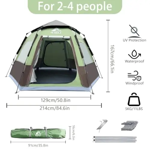 Hewolf 2/3/4 Person Camping Tent - Instant Pop Up Waterproof 2 Doors Tent with Easy Setup | 3-Season Hexagonal Dome Design for Family, Hiking & Traveling - 5