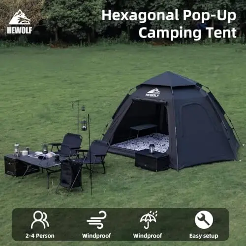 Hewolf 2/3/4 Person Camping Tent - Instant Pop Up Waterproof 2 Doors Tent with Easy Setup | 3-Season Hexagonal Dome Design for Family, Hiking & Traveling - 2
