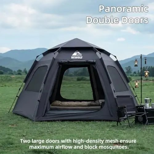Hewolf 2/3/4 Person Camping Tent - Instant Pop Up Waterproof 2 Doors Tent with Easy Setup | 3-Season Hexagonal Dome Design for Family, Hiking & Traveling - 4