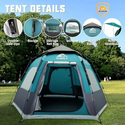 Hewolf 2/3/4 Person Camping Tent - Instant Pop Up Waterproof 2 Doors Tent with Easy Setup | 3-Season Hexagonal Dome Design for Family, Hiking & Traveling - 3