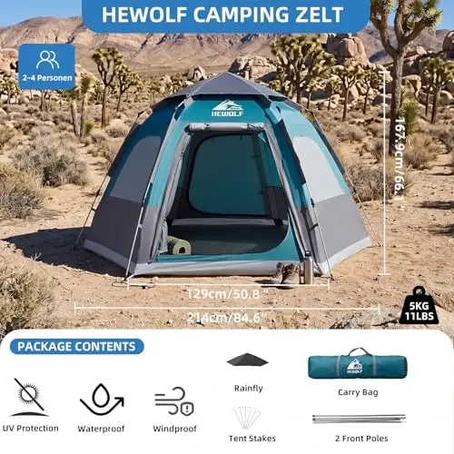 Hewolf 2/3/4 Person Camping Tent - Instant Pop Up Waterproof 2 Doors Tent with Easy Setup | 3-Season Hexagonal Dome Design for Family, Hiking & Traveling - 4
