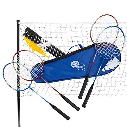 Hey! Play! Badminton Set Complete Outdoor Yard Game with 4 Racquets, Net with Poles, 3 Shuttlecocks and Carrying Case for Kids and Adults, Multi-Player - 1