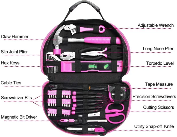 EXCITED WORK 69-Piece Pink Tool Kit, Ladies Hand Tool Set with Easy Carrying Round Pouch for DIY, Home Maintenance and Dorm Repair - 1