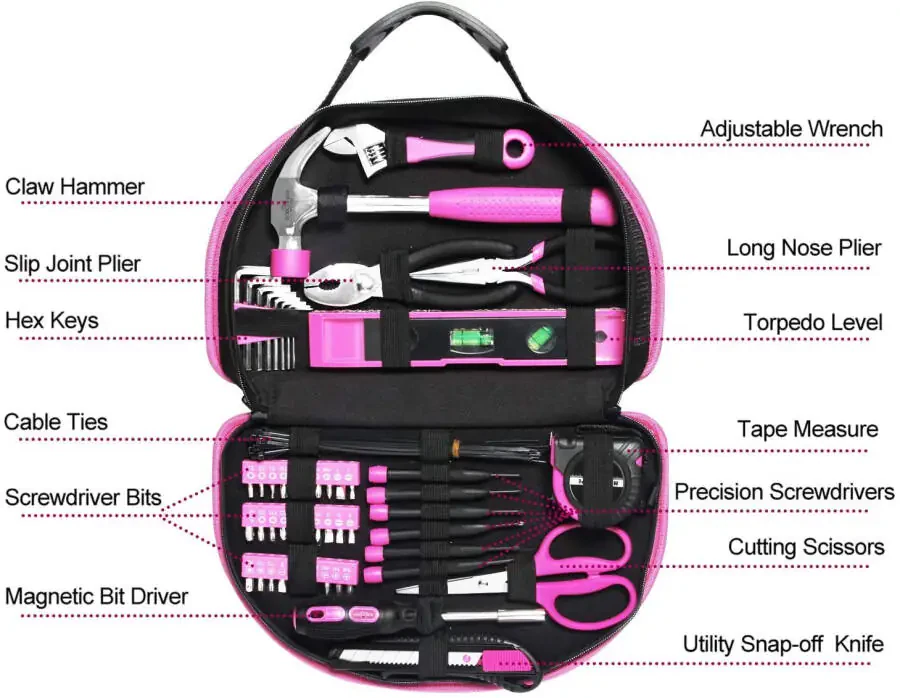 EXCITED WORK 69-Piece Pink Tool Kit, Ladies Hand Tool Set with Easy Carrying Round Pouch for DIY, Home Maintenance and Dorm Repair - 1
