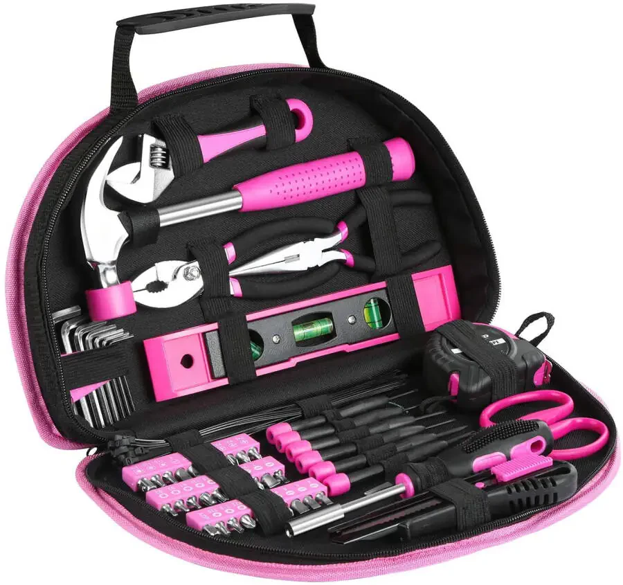 EXCITED WORK 69-Piece Pink Tool Kit, Ladies Hand Tool Set with Easy Carrying Round Pouch for DIY, Home Maintenance and Dorm Repair - 2