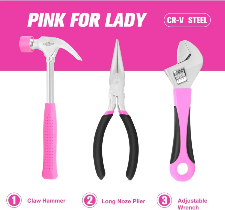 EXCITED WORK 69-Piece Pink Tool Kit, Ladies Hand Tool Set with Easy Carrying Round Pouch for DIY, Home Maintenance and Dorm Repair - 3
