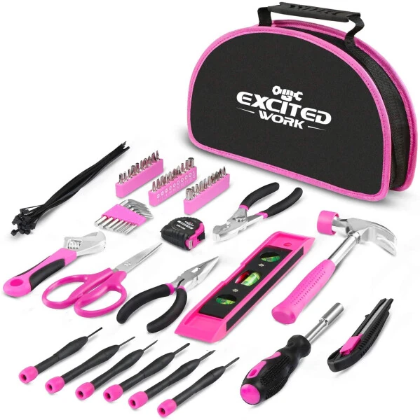 EXCITED WORK 69-Piece Pink Tool Kit, Ladies Hand Tool Set with Easy Carrying Round Pouch for DIY, Home Maintenance and Dorm Repair - 6