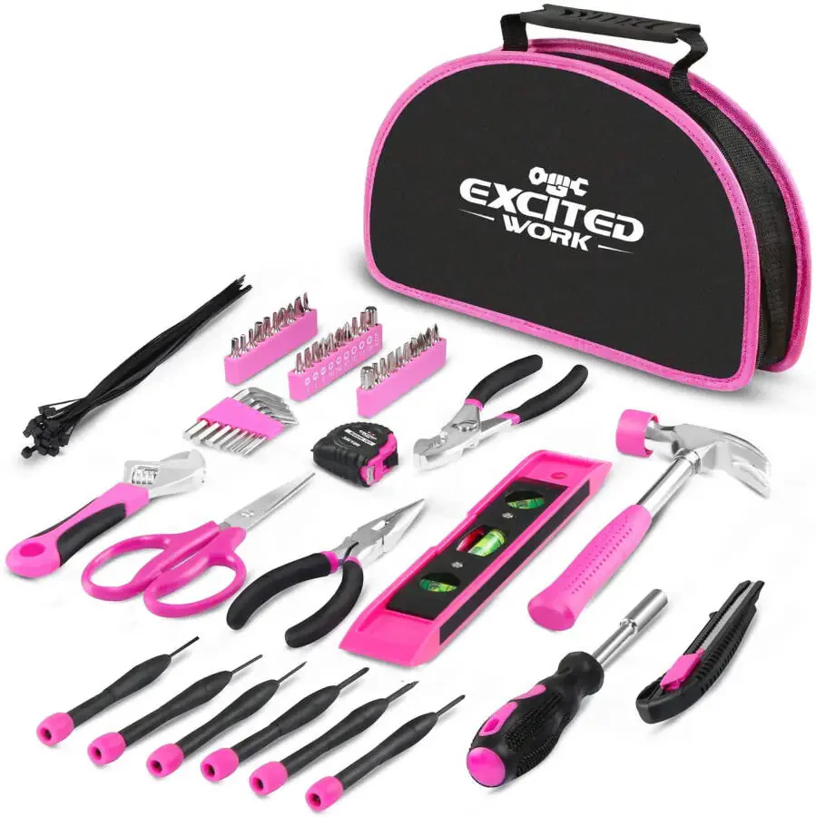 EXCITED WORK 69-Piece Pink Tool Kit, Ladies Hand Tool Set with Easy Carrying Round Pouch for DIY, Home Maintenance and Dorm Repair - 6