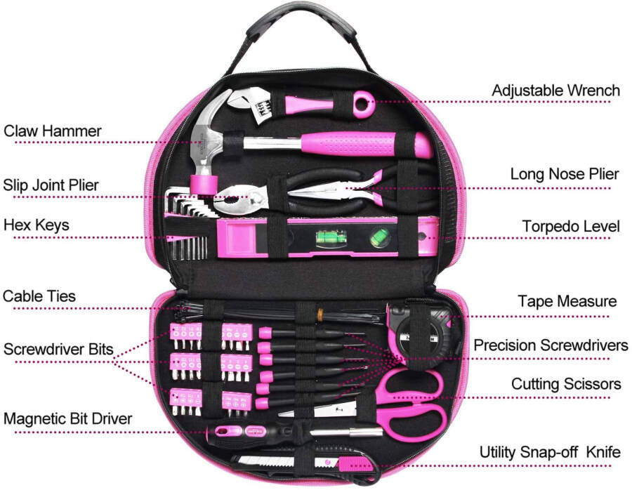 EXCITED WORK 69-Piece Pink Tool Kit, Ladies Hand Tool Set with Easy Carrying Round Pouch for DIY, Home Maintenance and Dorm Repair - 1