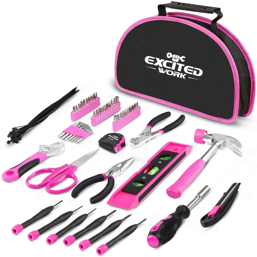 EXCITED WORK 69-Piece Pink Tool Kit, Ladies Hand Tool Set with Easy Carrying Round Pouch for DIY, Home Maintenance and Dorm Repair - 6