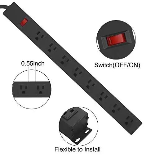 HHSOET Heavy Duty Long 8 Outlets, 14AWG Extension Cord, Black, 6FT, 3 | Metal, Wall Mountable Power Strips with Surge Protection, Switch, Office Under Desk Accessories, Wide Spaced - 3