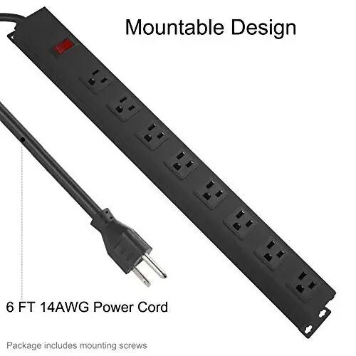 HHSOET Heavy Duty Long 8 Outlets, 14AWG Extension Cord, Black, 6FT, 3 | Metal, Wall Mountable Power Strips with Surge Protection, Switch, Office Under Desk Accessories, Wide Spaced - 4