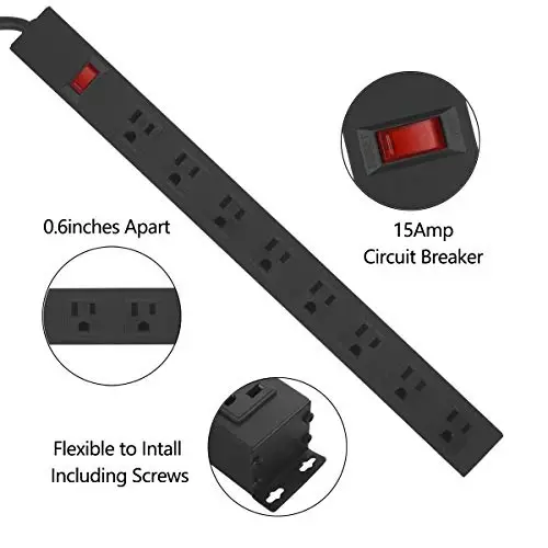 HHSOET Metal 8 Outlet Mountable Power Strip, Wall Mount Outlet Power Strip Heavy Duty, Wide Spaced Commercial Shop Power Strip with Switch, 15A 125V 1875W, 6 FT SJT 14AWG Power Cord (Black) - HHSOET (1)