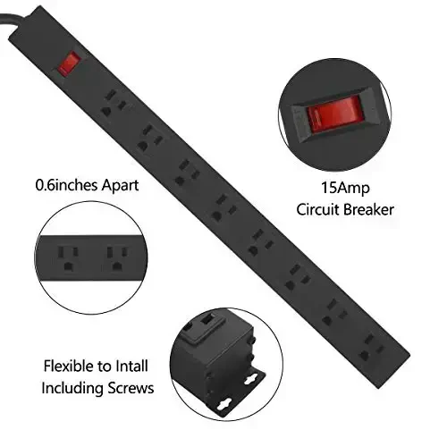 HHSOET Metal 8 Outlet Mountable Power Strip, Wall Mount Outlet Power Strip Heavy Duty, Wide Spaced Commercial Shop Power Strip with Switch, 15A 125V 1875W, 6 FT SJT 14AWG Power Cord (Black) - HHSOET (1)