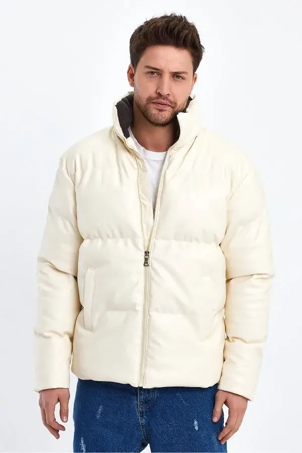 High Collar Leather Padded Jacket AF-K50641PRM-Ecru - 2