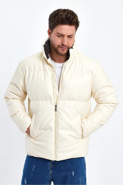 High Collar Leather Padded Jacket AF-K50641PRM-Ecru - 3