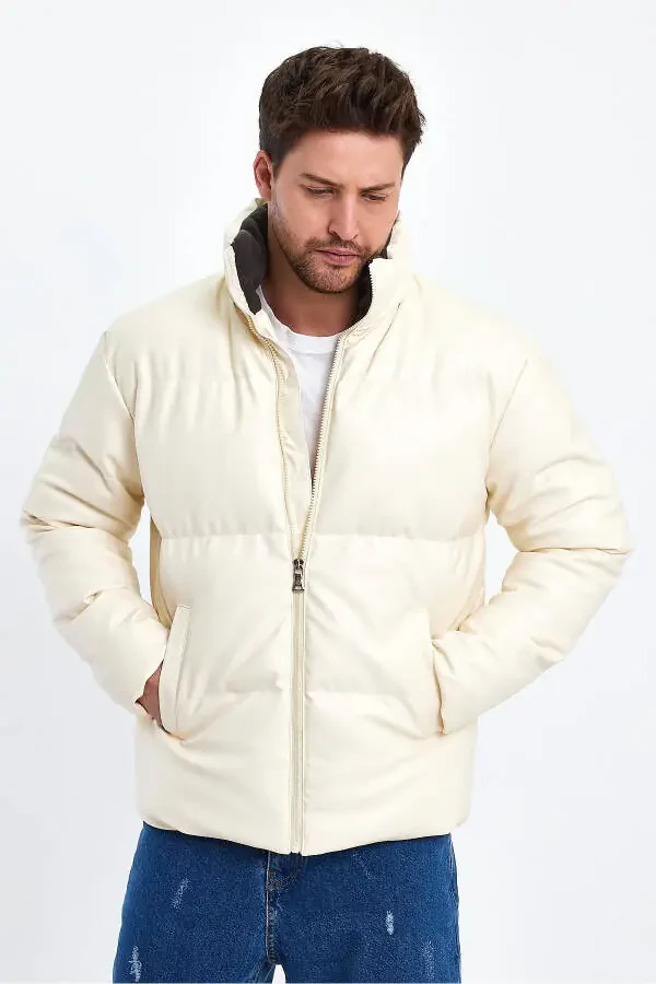 High Collar Leather Padded Jacket AF-K50641PRM-Ecru - 3
