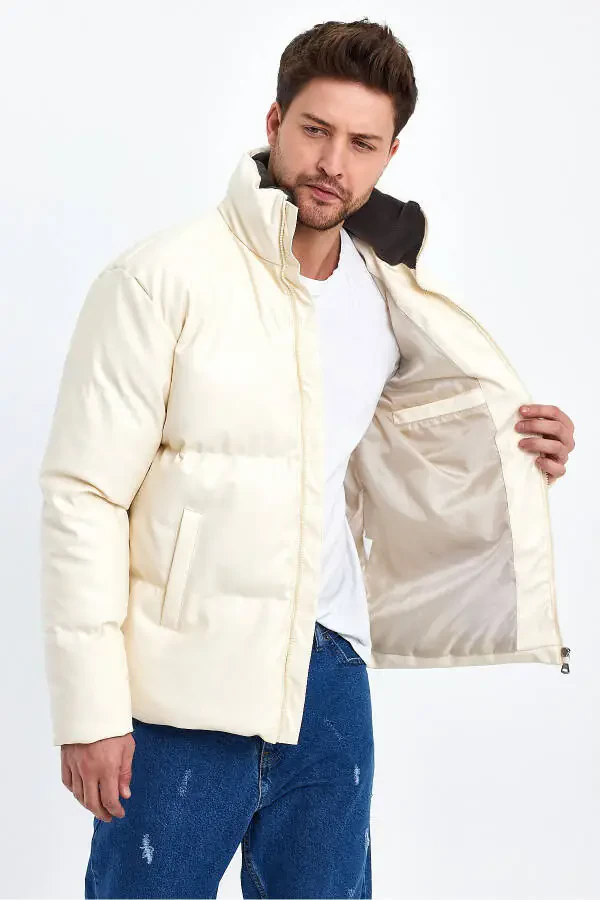 High Collar Leather Padded Jacket AF-K50641PRM-Ecru - 5