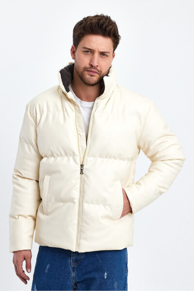 High Collar Leather Padded Jacket AF-K50641PRM-Ecru 