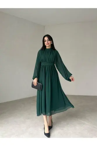 High Neck Draped Green Long Chiffon Dress-green 