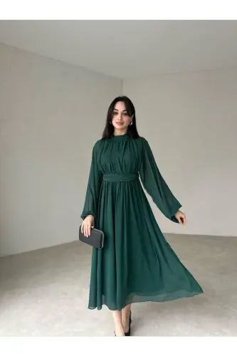 High Neck Draped Green Long Chiffon Dress-green - POPIBUTIK (1)