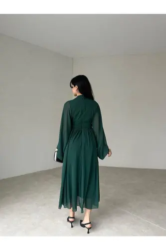 High Neck Draped Green Long Chiffon Dress-green - 3