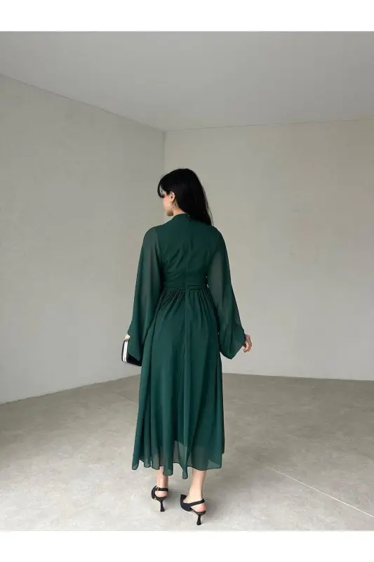 High Neck Draped Green Long Chiffon Dress-green - 3