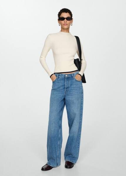 High neck, ribbed knit, ecru sweater. - 16