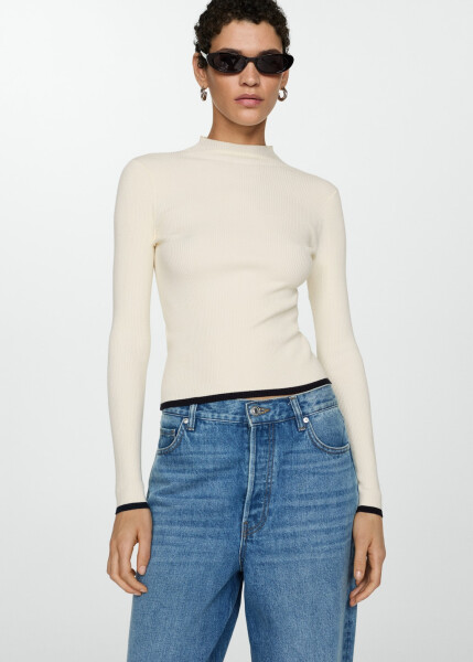 High neck, ribbed knit, ecru sweater. - 19