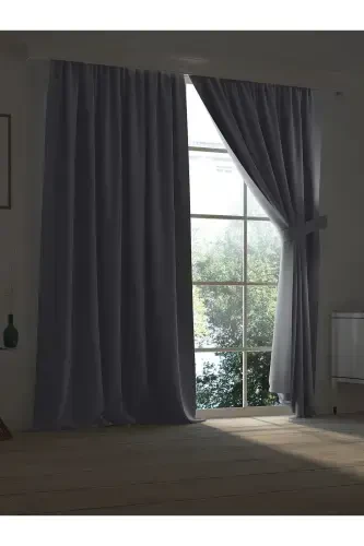 High Quality Grey Blackout Curtain with Buckram Pleated Single Panel - GREY - 1