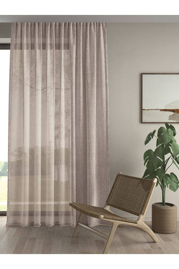 High Quality Sheer Curtain with Extra Lining, Wrinkled, Straw Color, Linen Look - 1