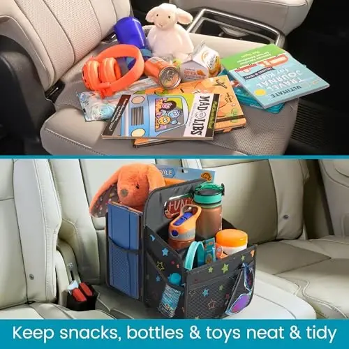 High Road Car Seat Caddy Organizer with Cup Holders - Middle Seat Car Organizer for Kids or Passenger Seat Organizer for Drivers - Portable Car Storage Bin with Easy Carry Handle (Starry Night) - 5