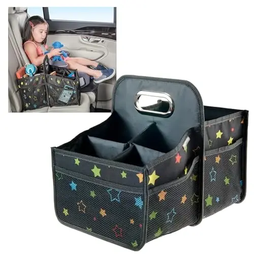 High Road Car Seat Caddy Organizer with Cup Holders - Middle Seat Car Organizer for Kids or Passenger Seat Organizer for Drivers - Portable Car Storage Bin with Easy Carry Handle (Starry Night) - 1